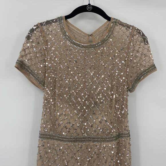 Adrianna Papell Gown Beaded Mesh Diamond Pattern Short Sleeve Champagne 6 Petite - Picture 4 of 16